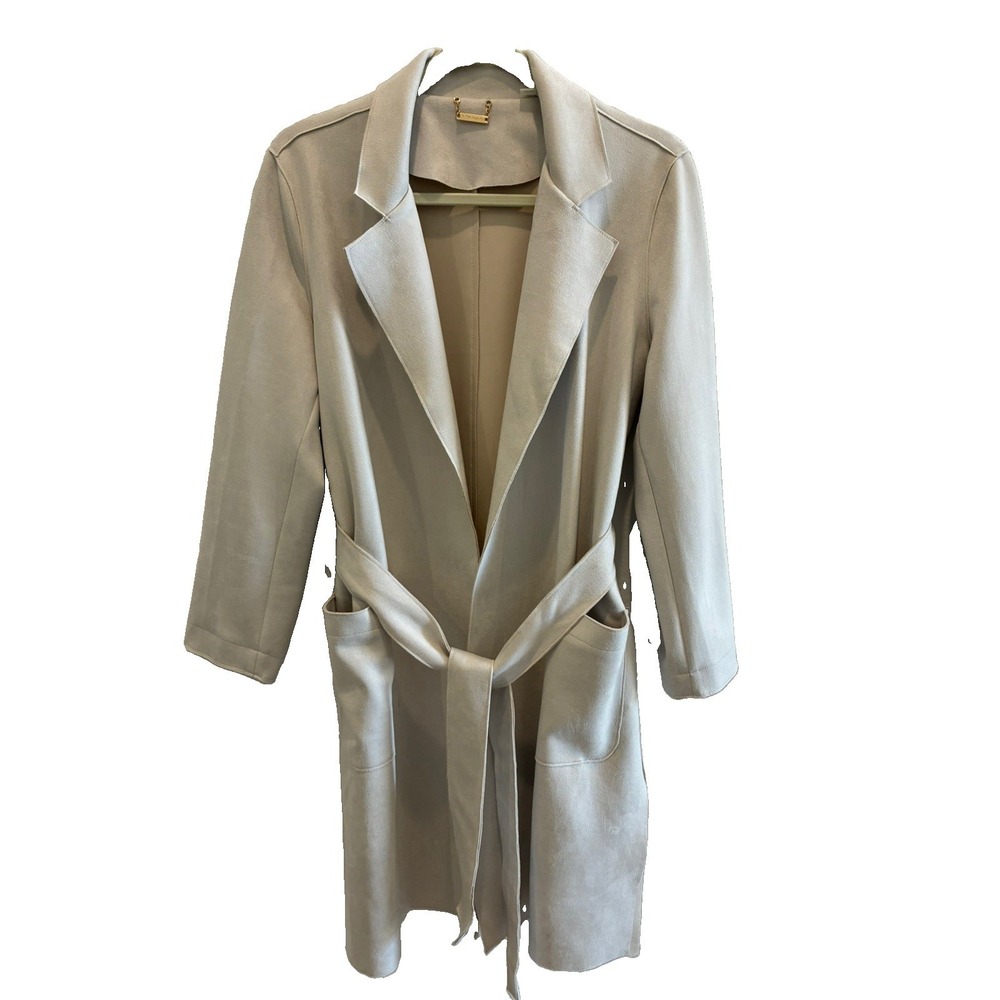 TAHARI~ Vegan Leather Cream Minimalist Womans Trench Coat~Belted. Sz. M